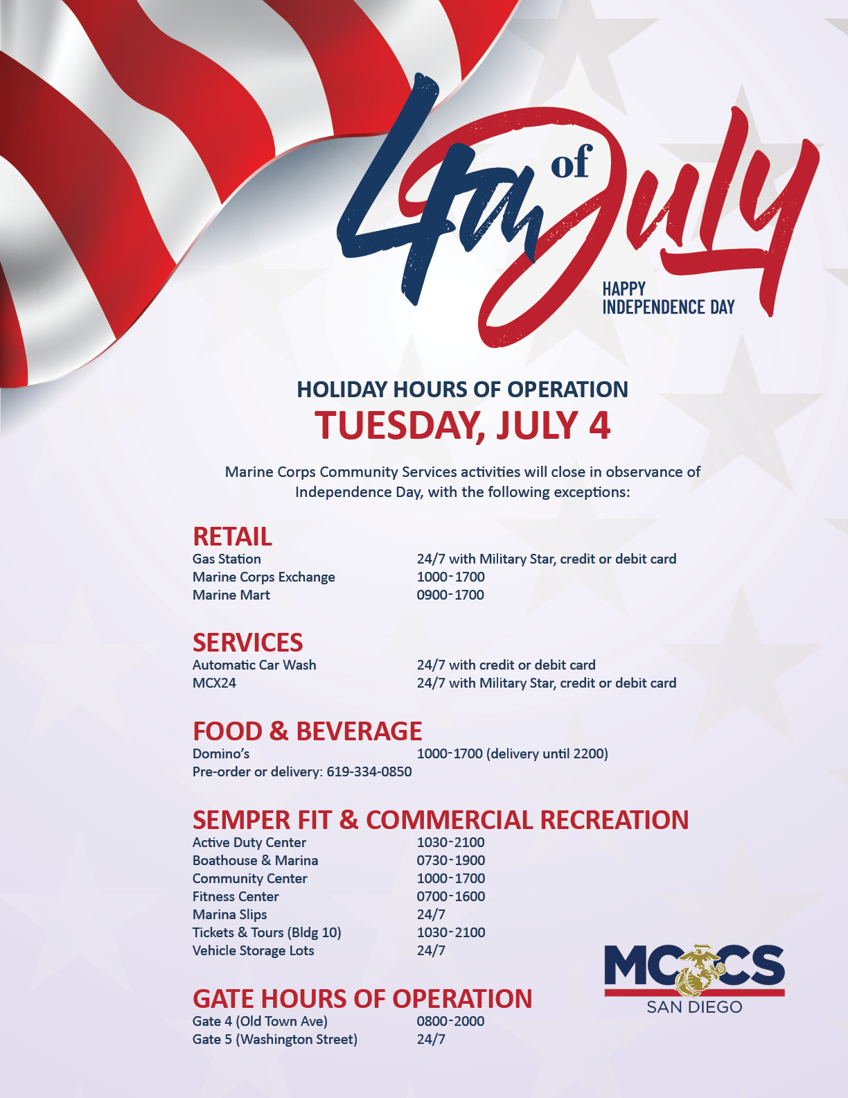 Quantico | 4th of July MCCS Holiday Hours of Operation